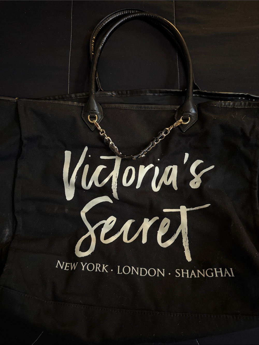 Victoria's Secret Black and White Logo Chain-Accent Tote